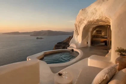 Boutique Santorini cave suite with private plunge pool overlooking the caldera