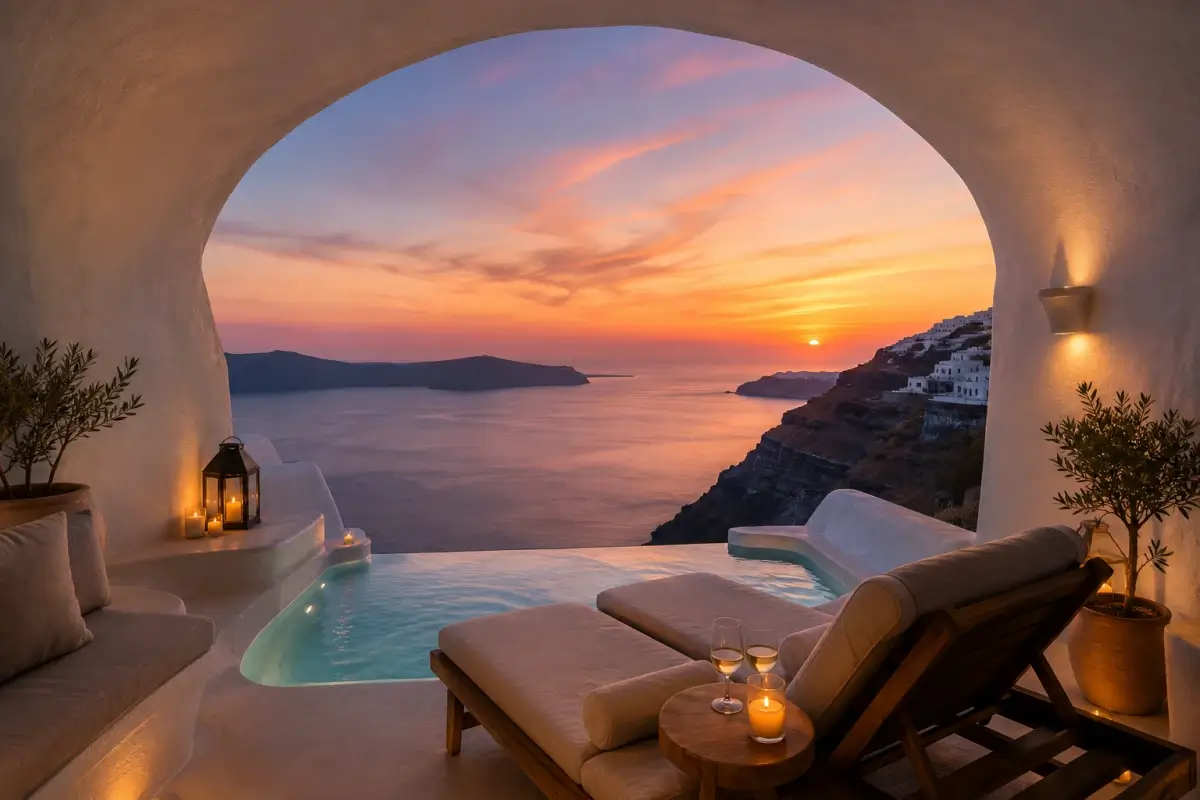 Romantic Santorini suite with plunge pool and sunset caldera view