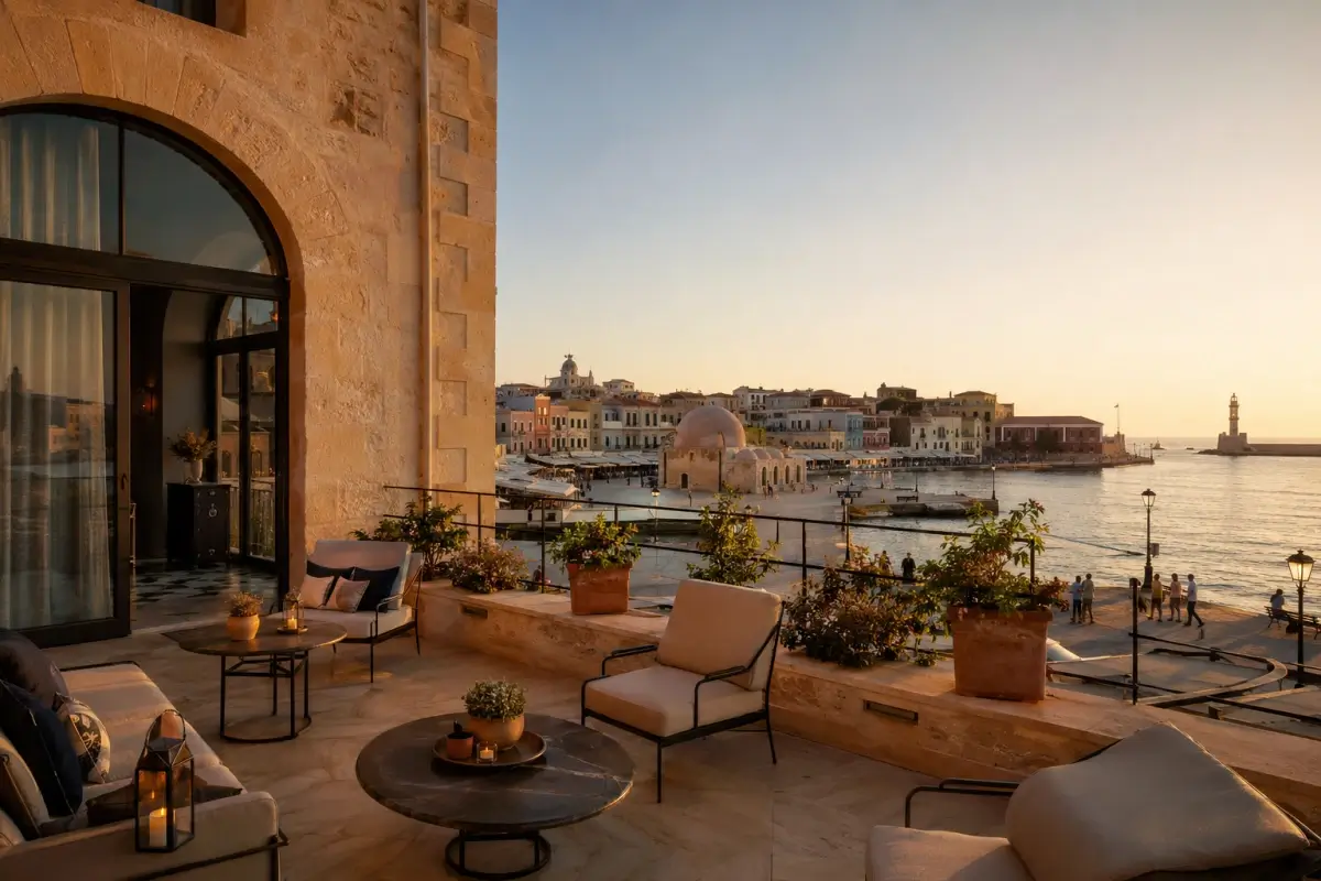 Elegant terrace overlooking Chania’s Venetian harbor at sunset