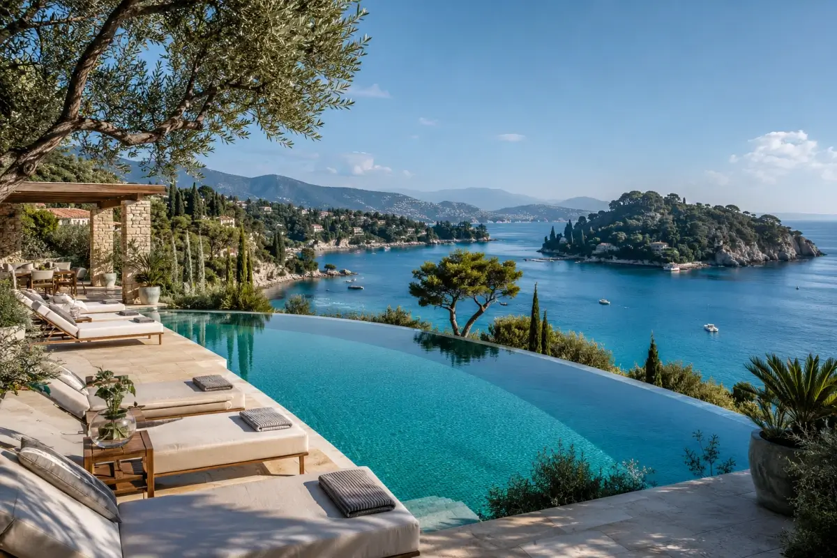 Luxury Corfu hotel terrace with infinity pool overlooking a sheltered Ionian bay