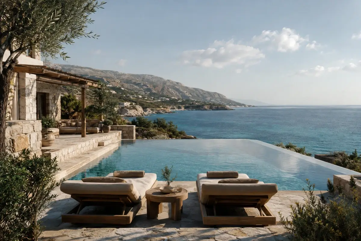 Luxury stone villa terrace with infinity pool overlooking the Cretan coast