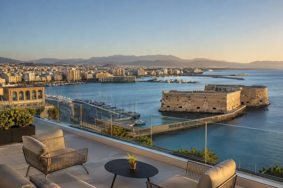 Panoramic terrace view over Heraklion harbor and Koules Fortress