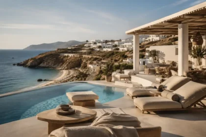 Luxury Mykonos hotel terrace with pool overlooking the coast and beach