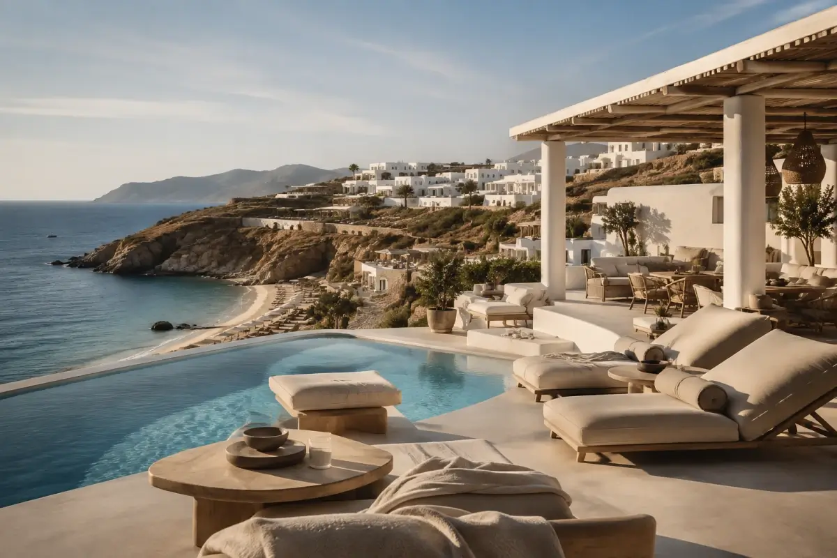 Luxury Mykonos hotel terrace with pool overlooking the coast and beach