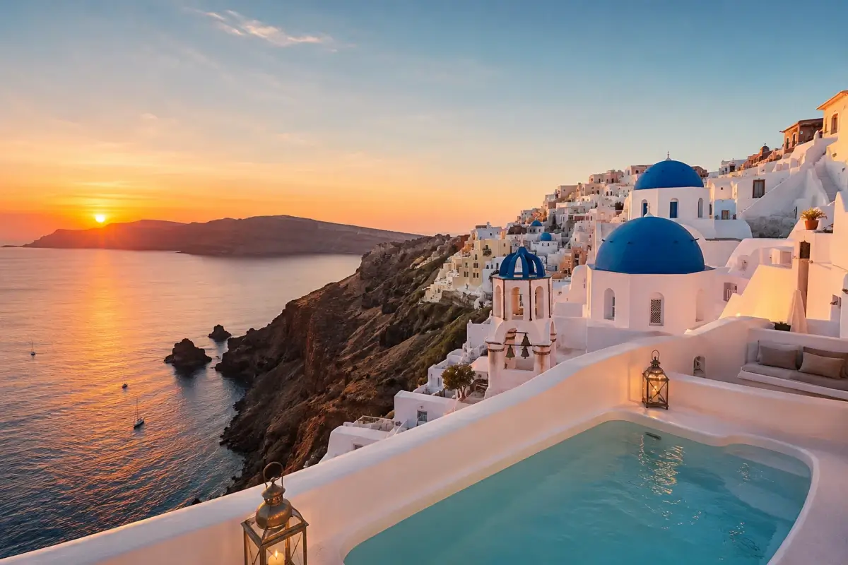 Oia hotel terrace with private pool, blue domes, and Santorini sunset views