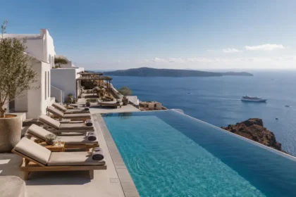 Luxury Santorini hotel terrace with infinity pool overlooking the caldera