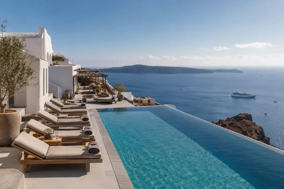 Luxury Santorini hotel terrace with infinity pool overlooking the caldera