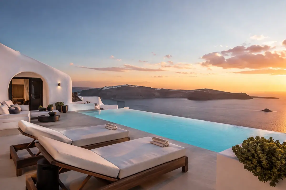 Luxury Santorini hotel suite with infinity pool and panoramic caldera views