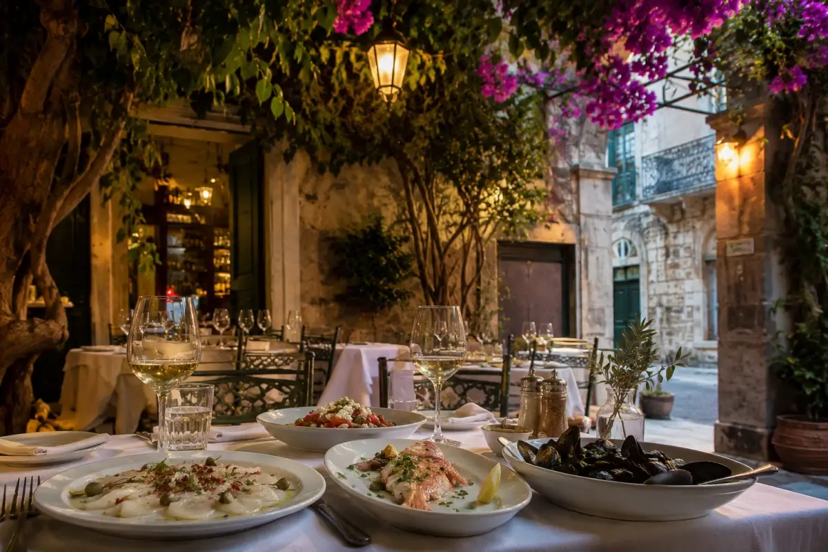 Seafood dinner at an elegant garden restaurant in Corfu