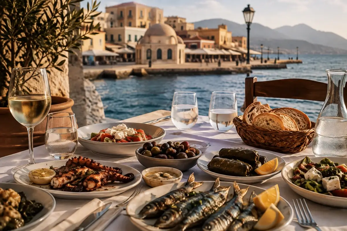 Cretan seafood and meze served at a waterfront table in Crete