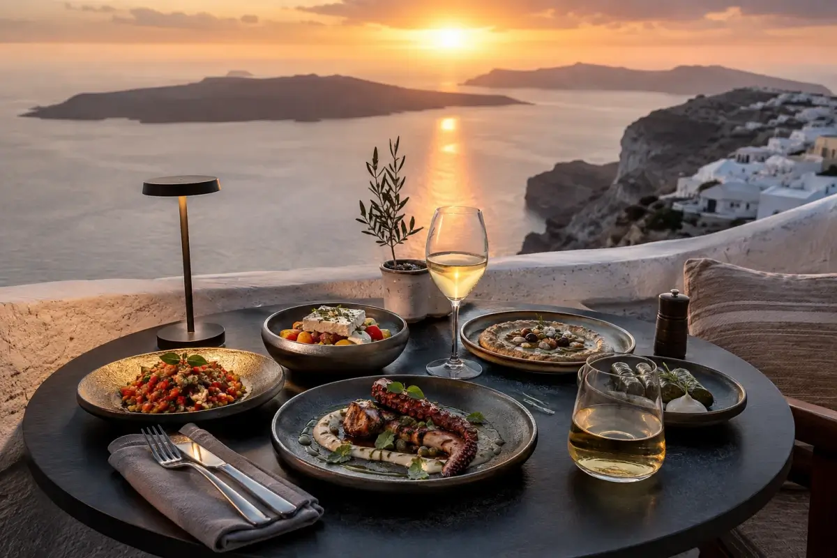 Santorini sunset dinner with Mediterranean dishes overlooking the caldera