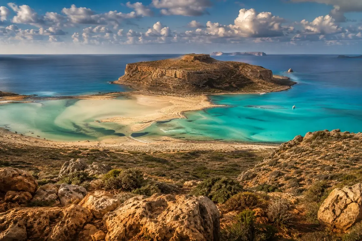 Wide view of Balos Lagoon and turquoise water on Crete