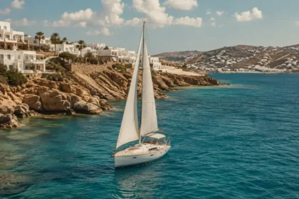 Sailboat in a turquoise bay below whitewashed Mykonos hillside villas