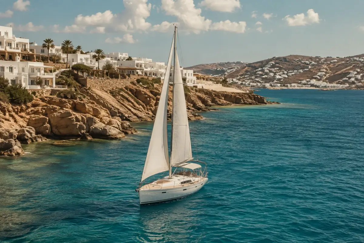 Sailboat in a turquoise bay below whitewashed Mykonos hillside villas
