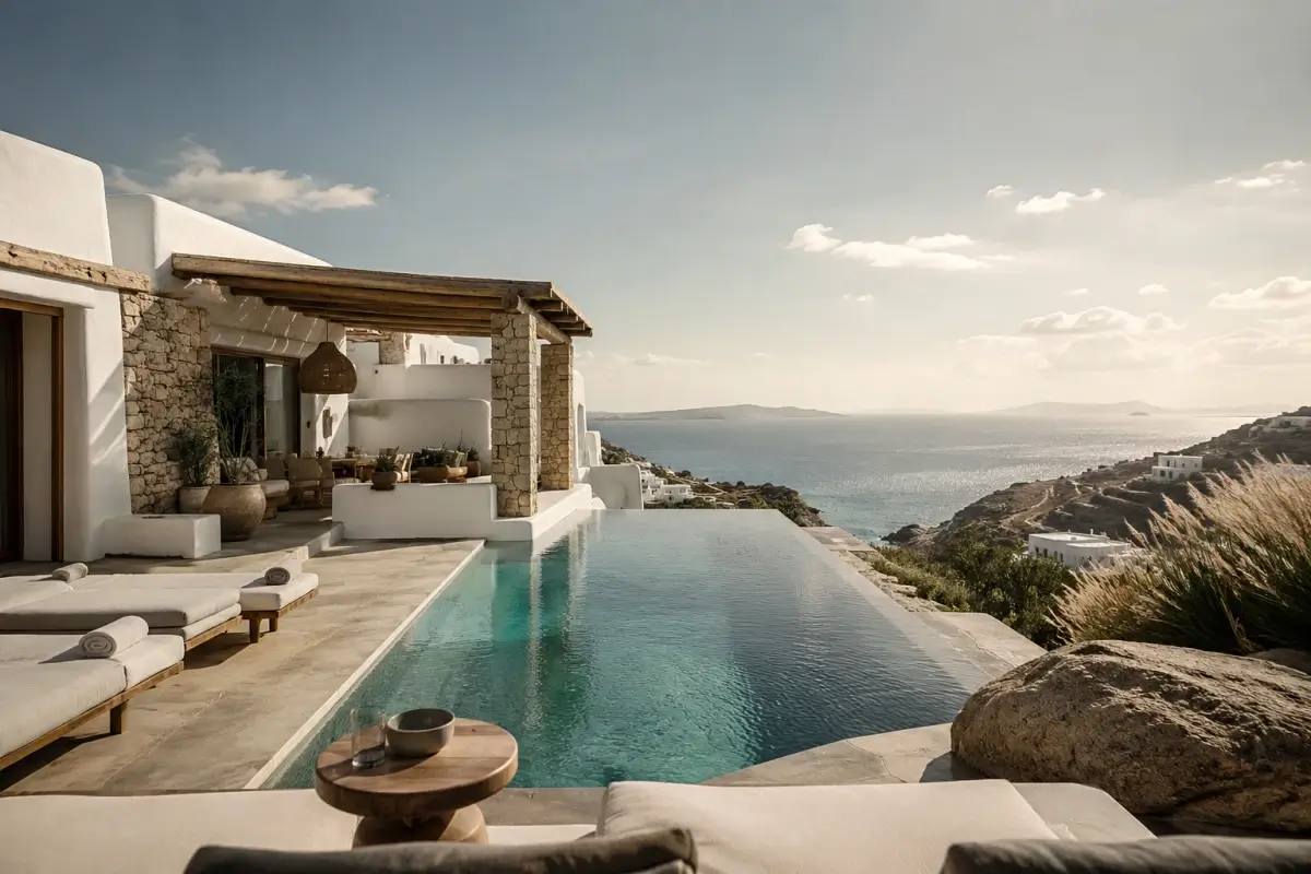 Luxury Mykonos villa terrace with infinity pool and Aegean sea view