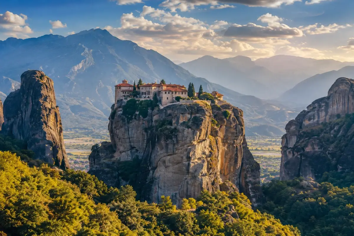 A Meteora monastery perched on a rock formation above the Thessalian landscape