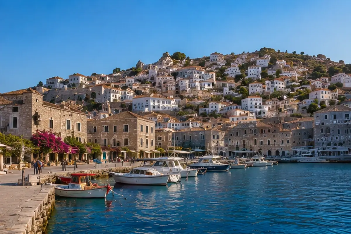 Hydra Town and its stone mansions overlooking the island harbor