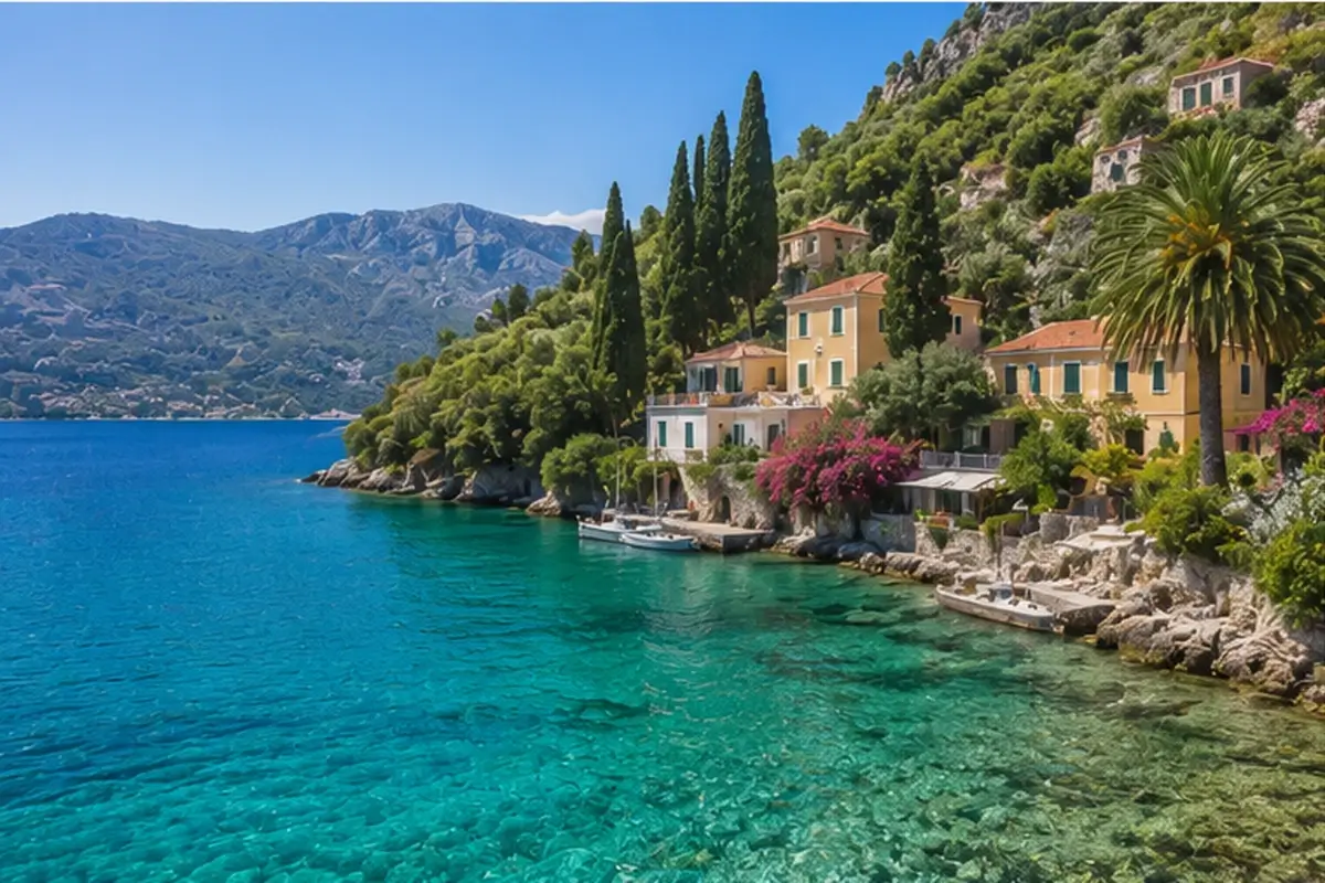 Vathy harbor surrounded by green hills on the island of Ithaca