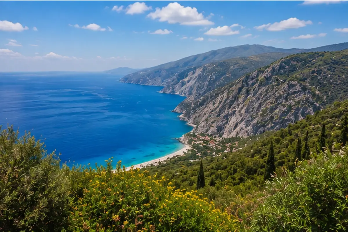 Myrtos Beach beneath the limestone cliffs of Kefalonia