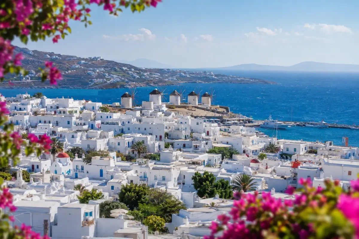 Mykonos Town and the Kato Mili windmills overlooking the Aegean Sea