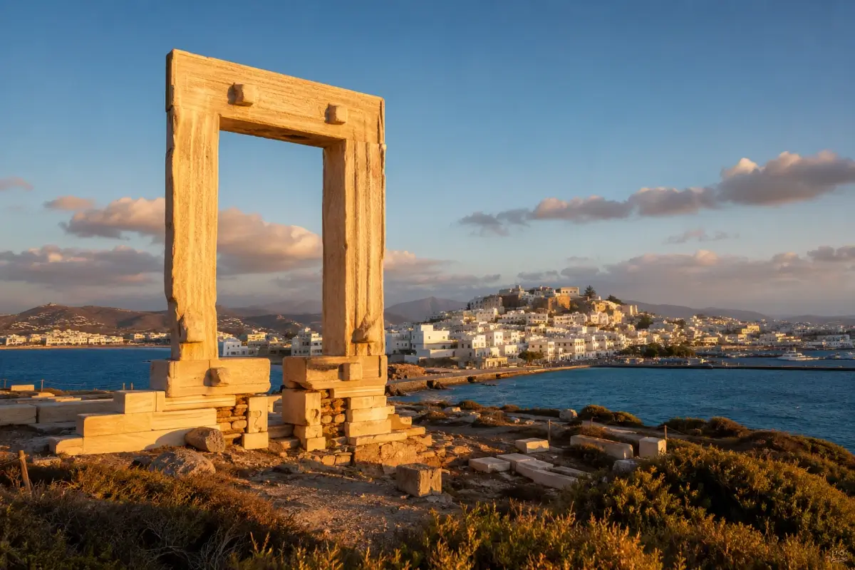 The Portara, the marble gateway of the Temple of Apollo, overlooking Naxos Town at sunset