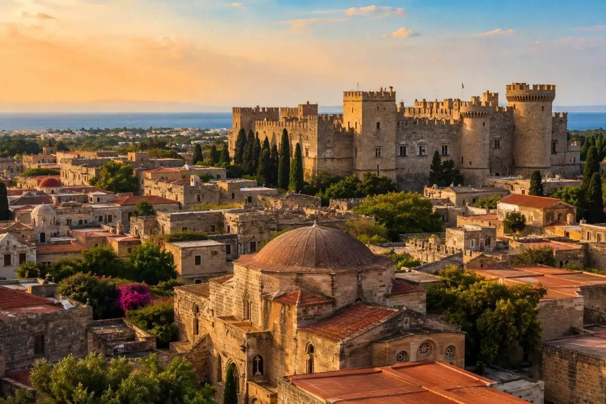 The medieval Old Town of Rhodes with the Palace of the Grand Master at sunset