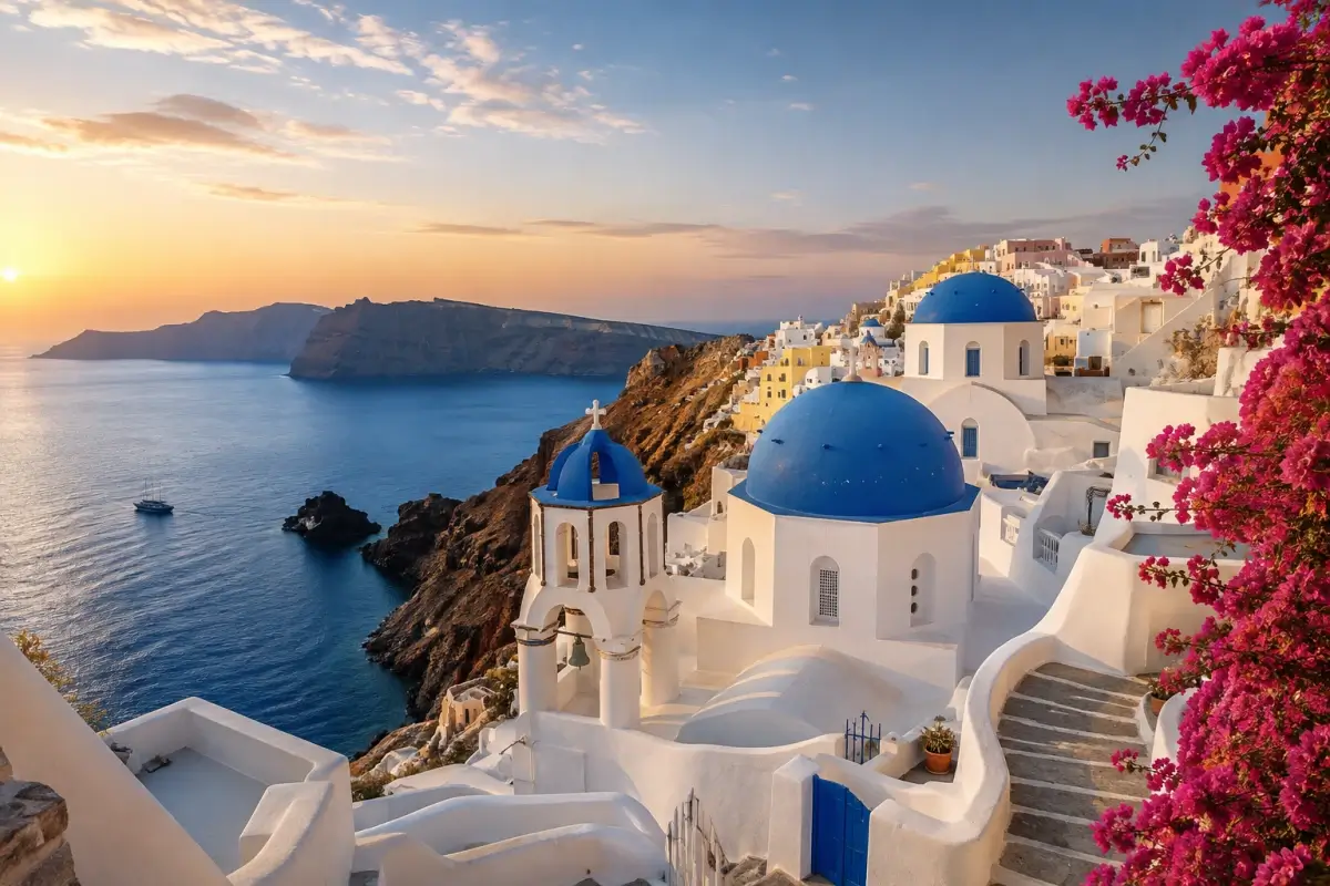 Blue-domed churches and whitewashed houses in Oia overlooking the Santorini caldera at sunset
