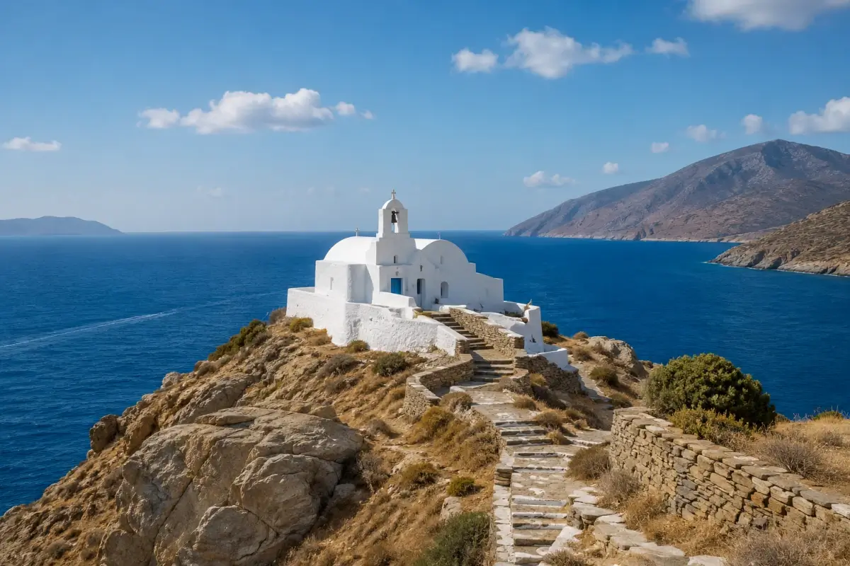 The Church of the Seven Martyrs on a rocky promontory above the Aegean Sea in Sifnos