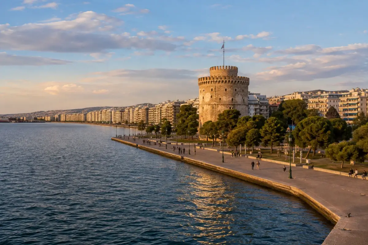 The White Tower of Thessaloniki beside the city's waterfront at sunset
