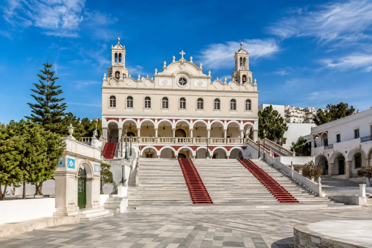 The Church of Panagia Evangelistria and its ceremonial staircase in Tinos