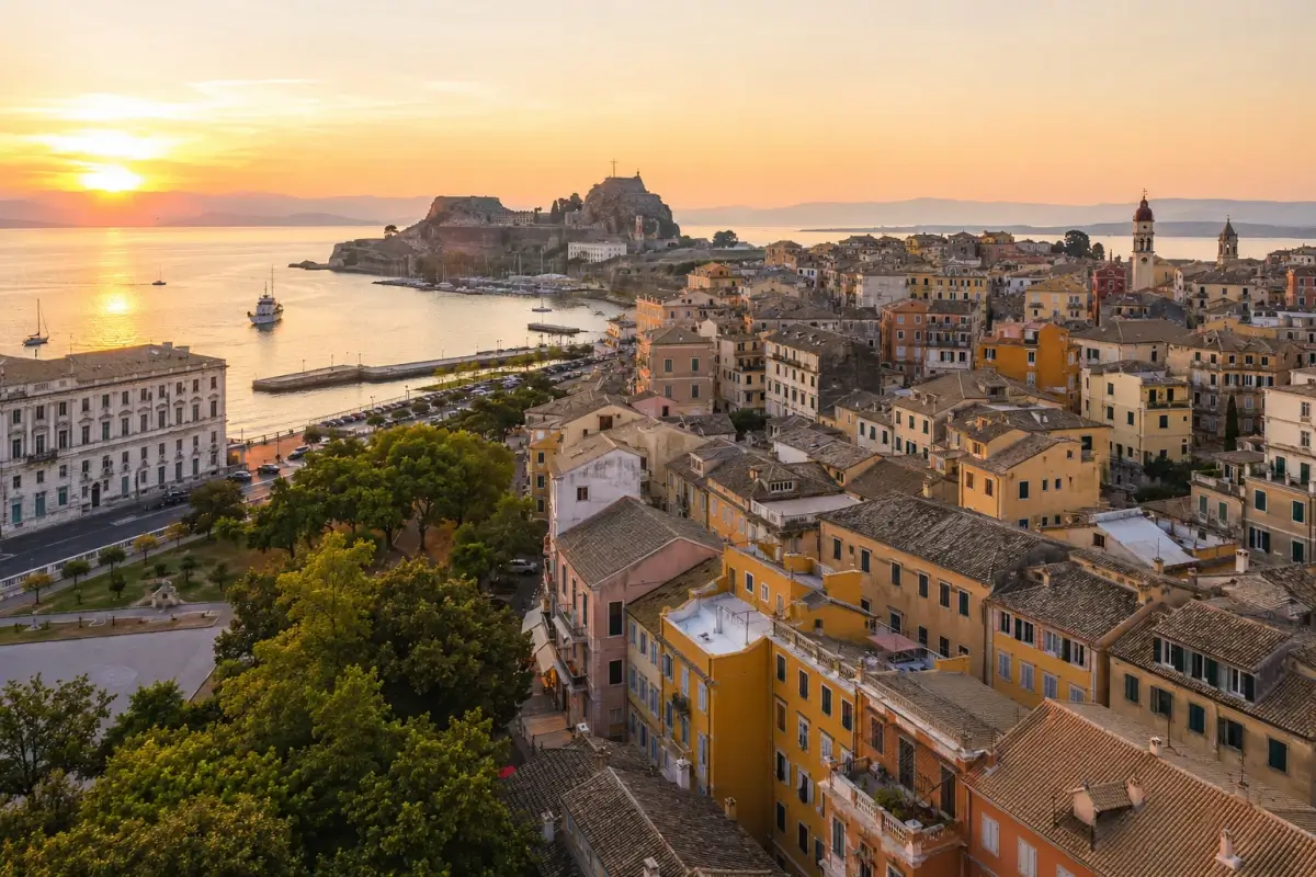 Golden-hour view over Corfu Old Town, the waterfront, and the fortress