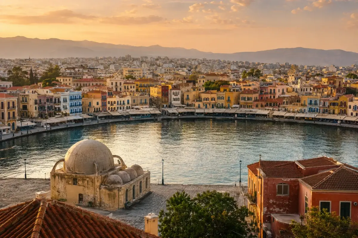 Golden-hour view over Chania’s harbor and old town in Crete