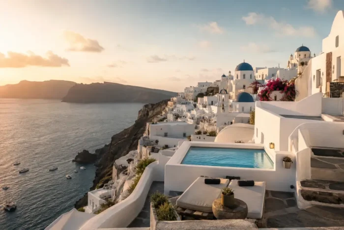 Santorini caldera village with whitewashed terraces, blue domes, and a private pool