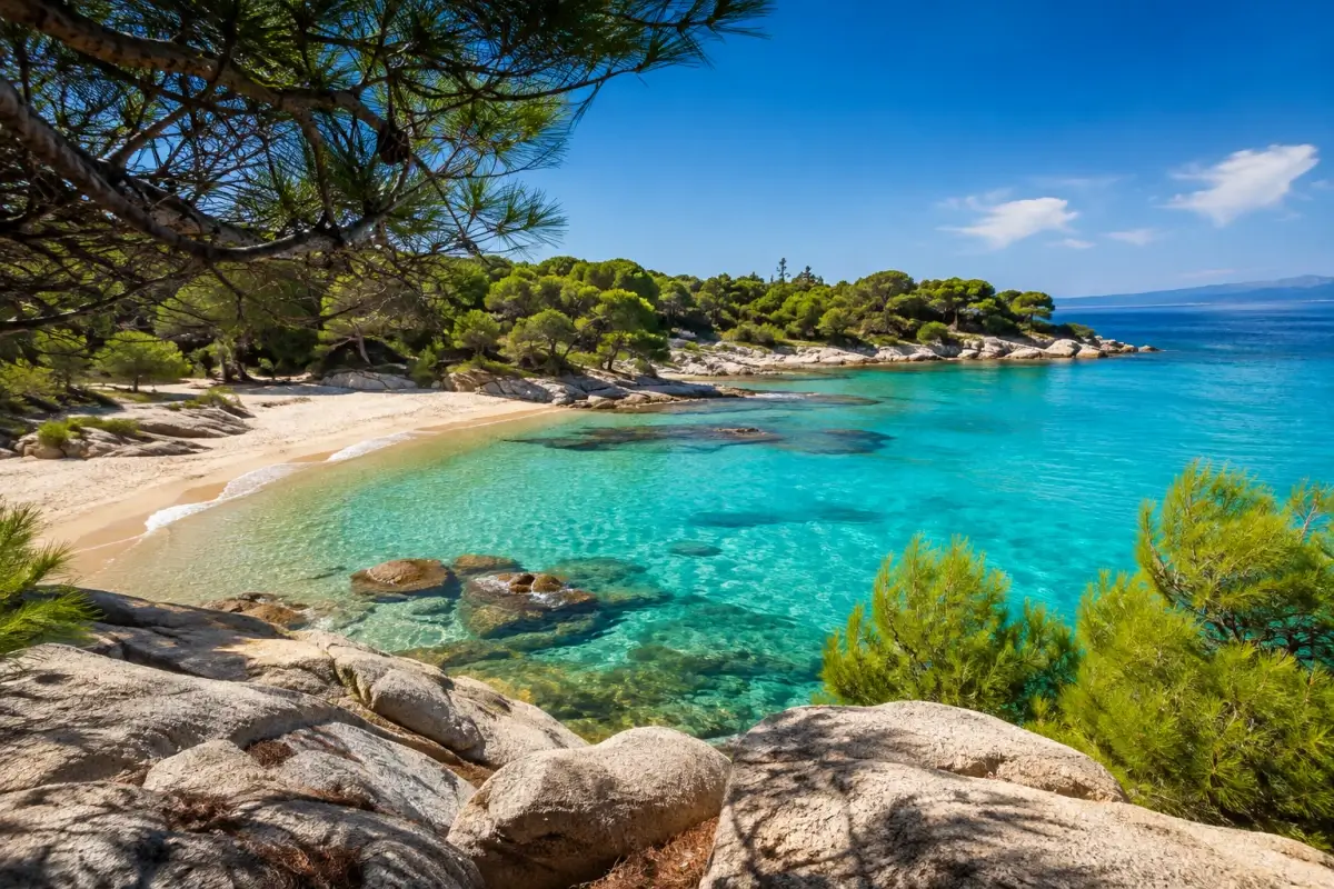 Pine-framed sandy cove in Halkidiki with clear turquoise water and rocky shoreline