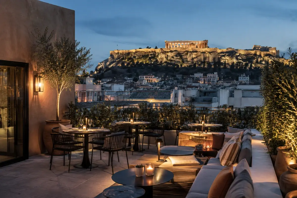 Boutique hotel terrace in Athens with evening views of the Acropolis