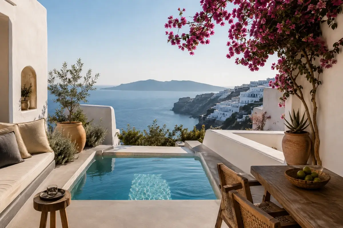 Boutique Greek island hotel terrace with plunge pool, bougainvillea, and sea views