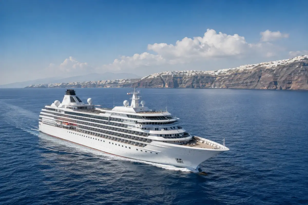 Cruise ship sailing through the Aegean Sea with Greek islands in the background