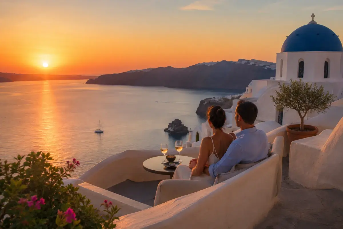 Couple watching the sunset from a Santorini terrace overlooking the caldera