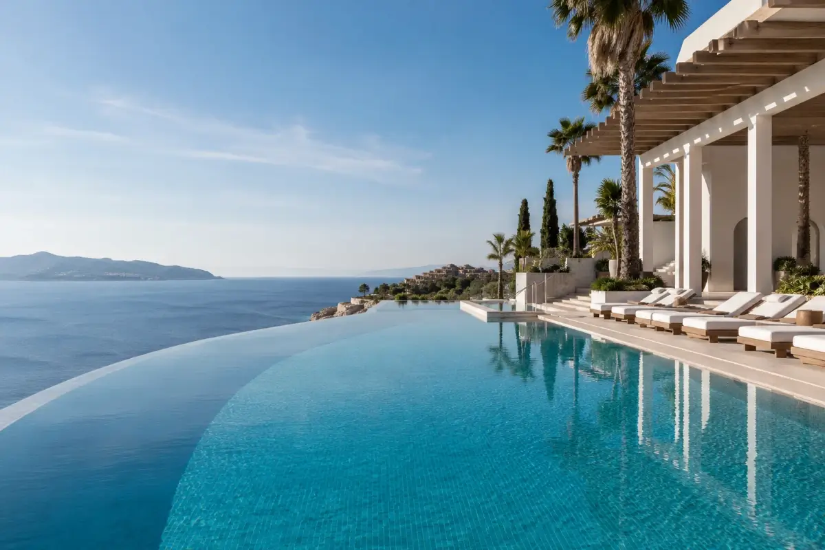 Luxury hotel infinity pool in Greece overlooking the Aegean Sea