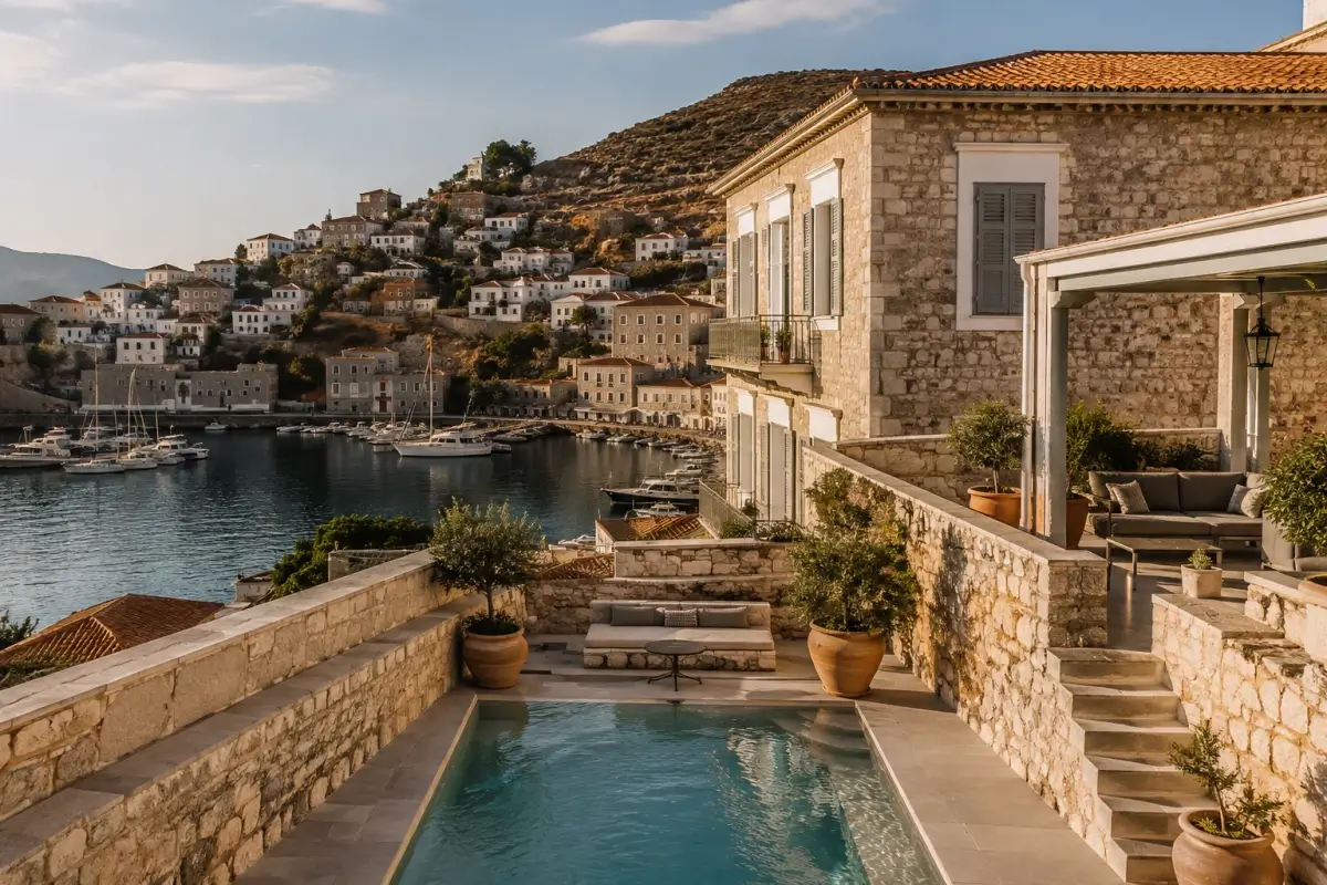 Historic Hydra hotel terrace with pool overlooking the island’s stone harbor and hillside houses
