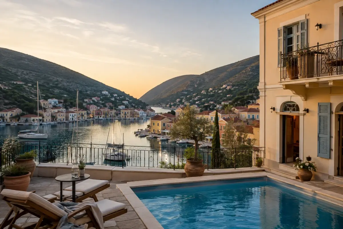 Boutique hotel terrace in Ithaca overlooking Vathy harbor and its colorful waterfront