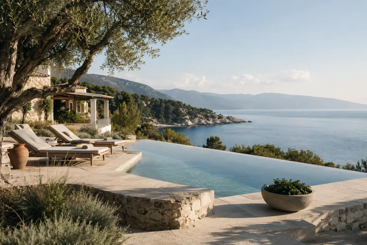 Luxury Kefalonia hotel terrace with infinity pool overlooking the Ionian Sea