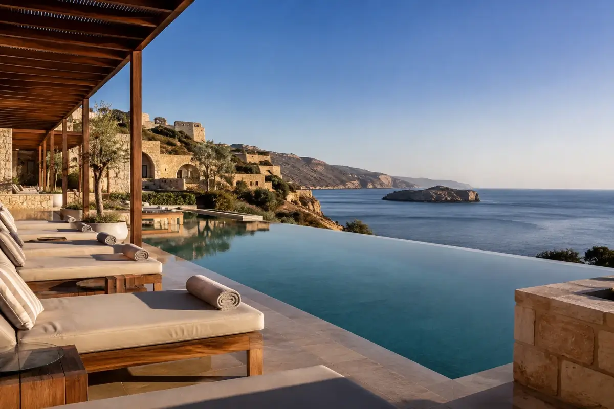 Luxury Rhodes hotel terrace with infinity pool overlooking the Aegean coast