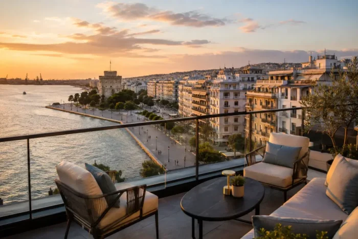 Luxury Thessaloniki hotel terrace overlooking the waterfront and White Tower at sunset