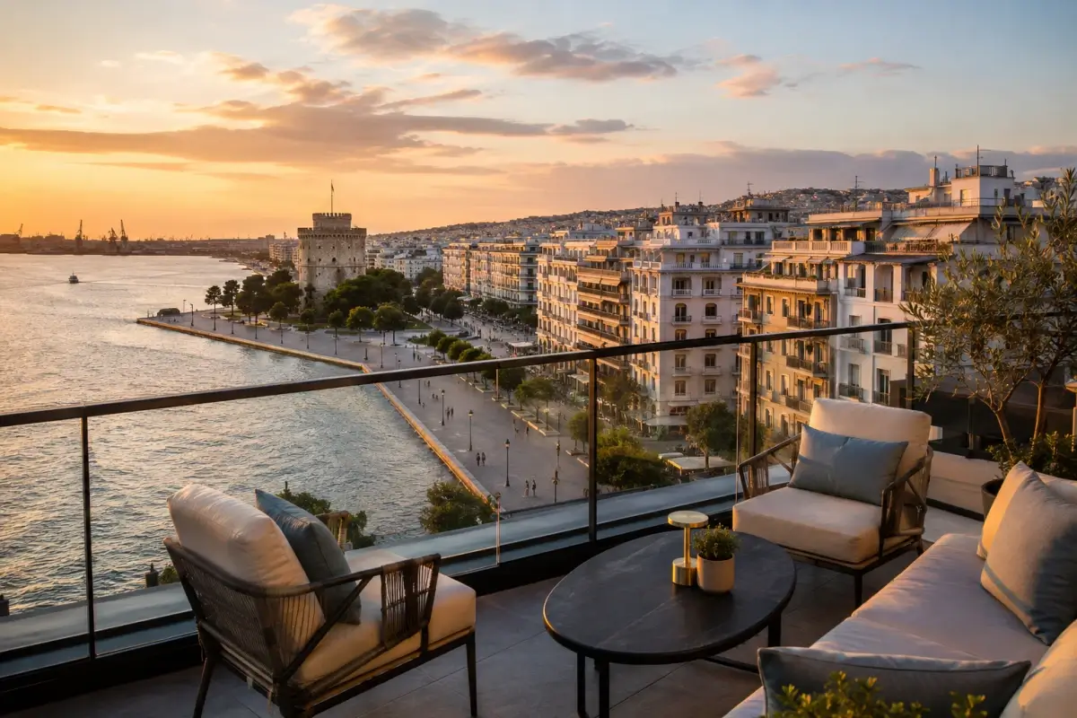 Luxury Thessaloniki hotel terrace overlooking the waterfront and White Tower at sunset