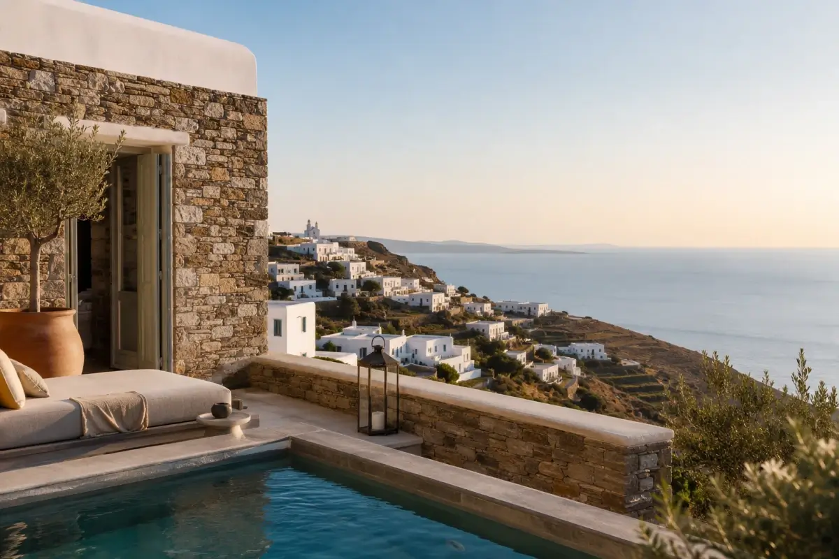 Boutique hotel terrace in Tinos with a private pool, stone architecture, and Aegean Sea views