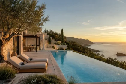 Luxury Zakynthos villa with infinity pool overlooking the Ionian Sea at sunset