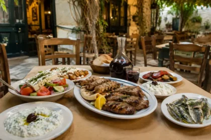 Traditional Greek dishes served at an atmospheric Athens taverna