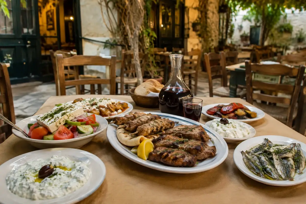 Traditional Greek dishes served at an atmospheric Athens taverna