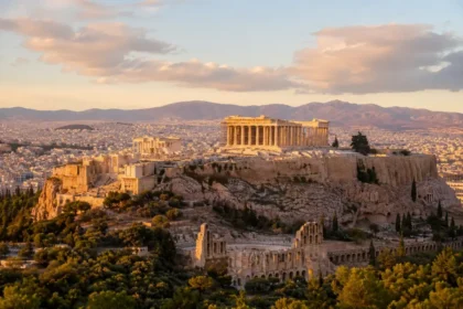 The Acropolis in Athens at golden hour with the city and mountains beyond